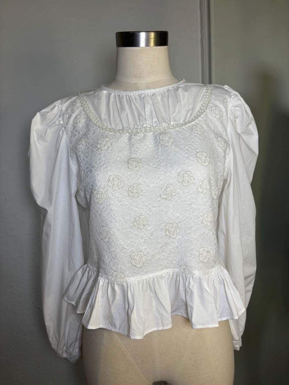 Vintage 1980s Romantic Victorian Puff Sleeve Peplum Blouse
